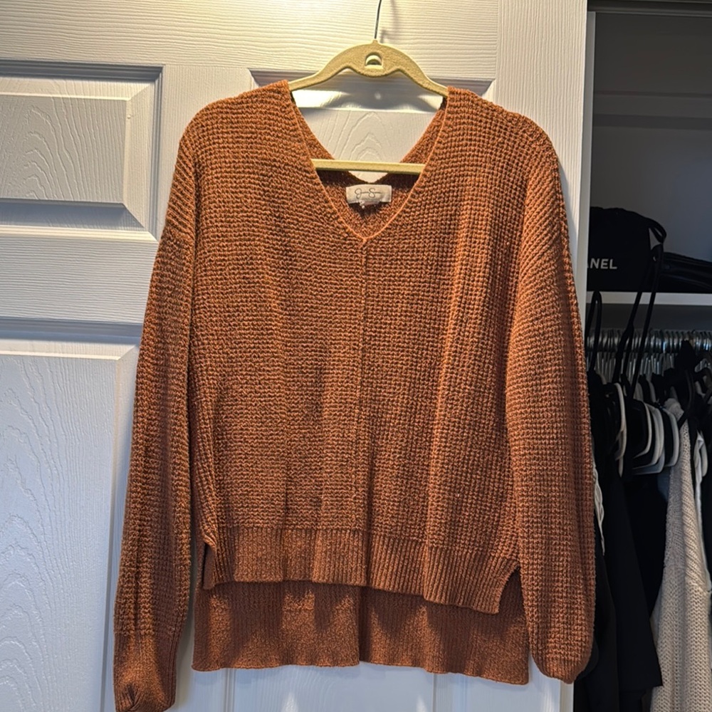 CAbi Brown V-Neck Sweater with Lattice Detail